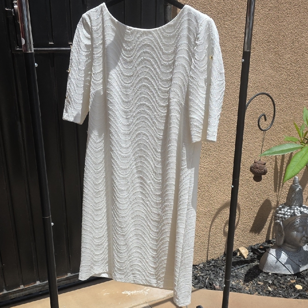 Dressbarn White Sheath Dress with Bateau Neckline and 3/4 Sleeves